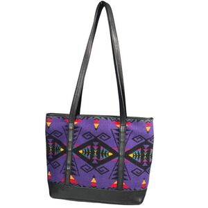 Pendleton Purple Southwestern Geometric Wool Tote Bag Black Faux Leather Trim